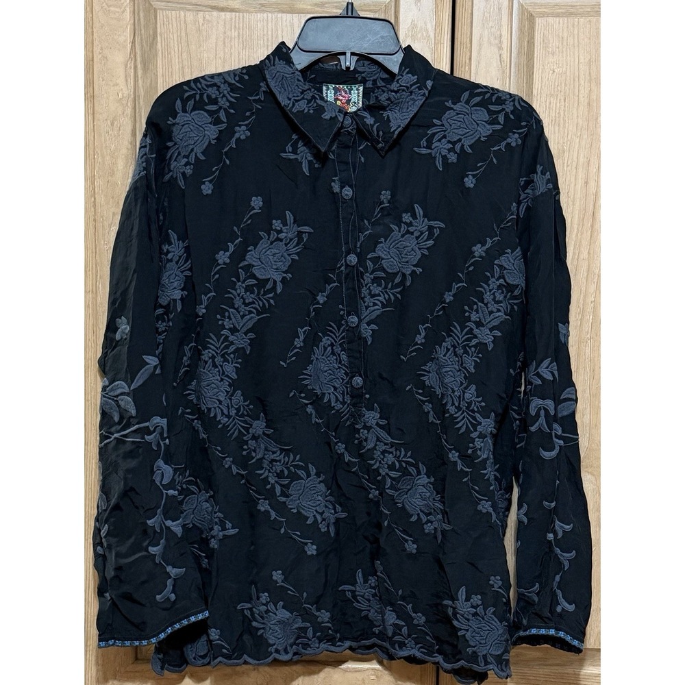 Johnny Was Elain Black Floral Embroidered Tunic Sz XS Long Sleeve Button Blouse